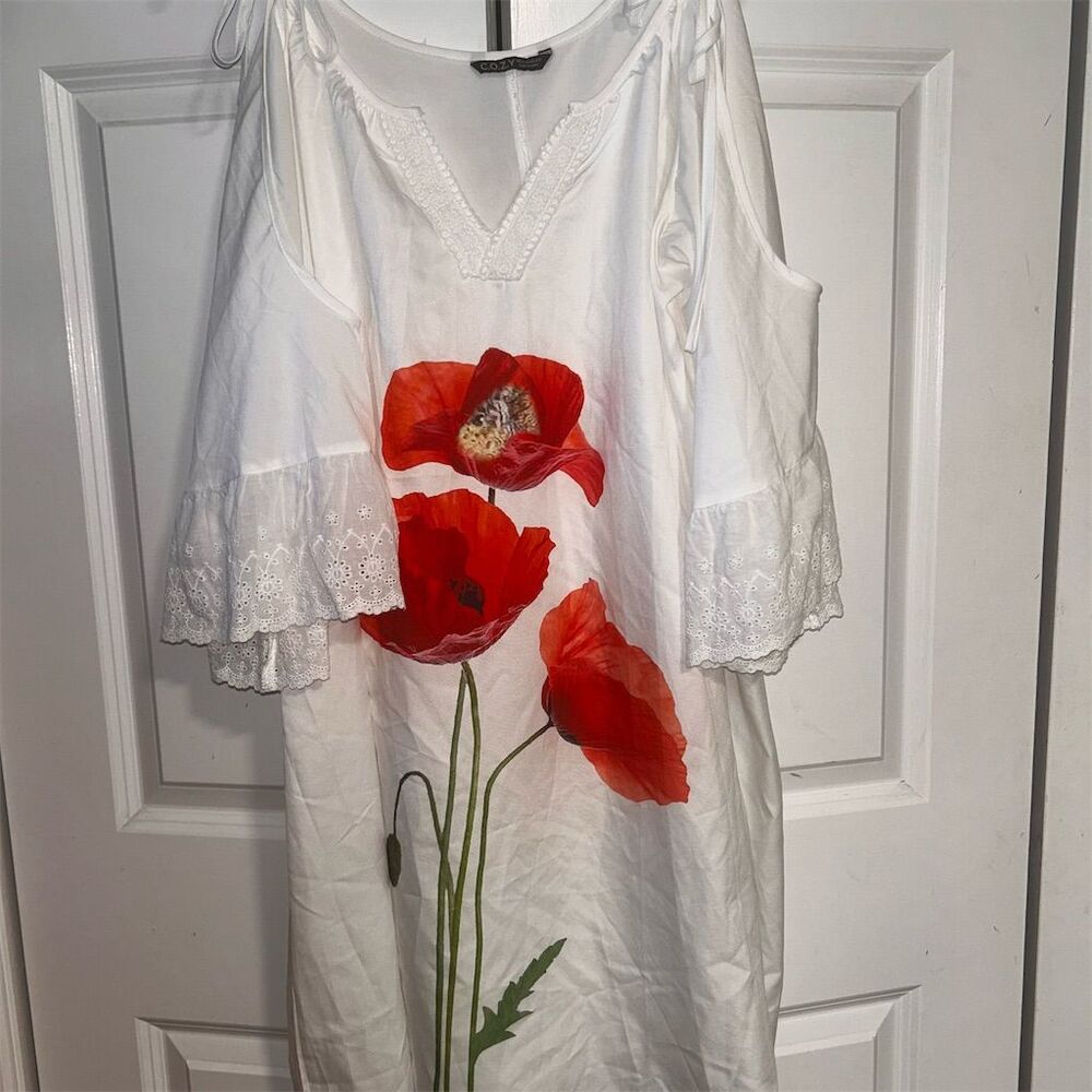 C.O.Z.Y Women's Floral Knee Length Swim Cover Up XL 3/4 Sleeve V-Neck